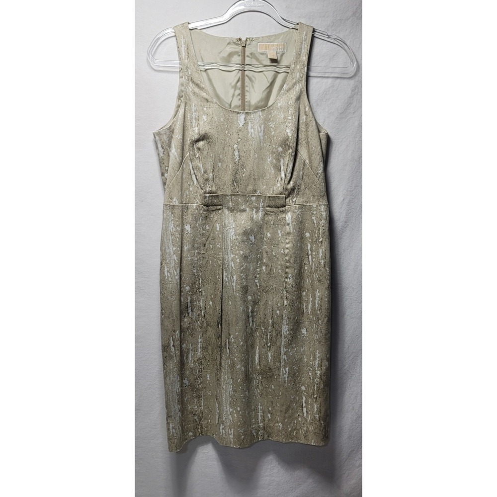 Michael Kors Womens Sheath Dress Green White Marble Print Sleeveless Zipper Sz 8